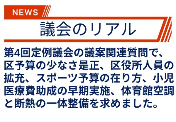 【議会のリアル】区民一人当たり300円程度の区の独自予算を抜本的に増やしてほしい！
