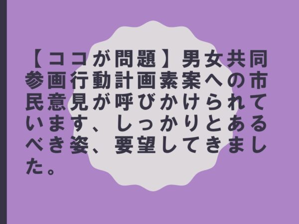 【ココが問題】男女共同参画行動計画素案への市民意見が呼びかけられています、しっかりとあるべき姿、要望してきました。
