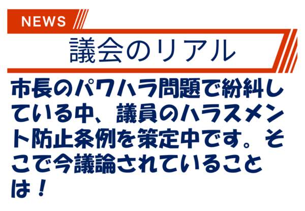 市長のパワハラ問題で紛糾している中、議員のハラスメント防止条例を策定中です。そこで今議論されていることは！